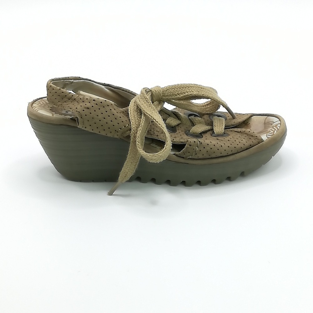 Fly London Shoes Womens Sandal Wedge Yuta Khaki Taupe Platform Perforated 36
